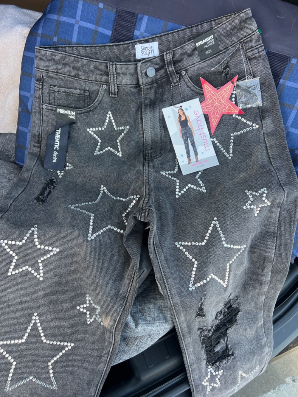 Simple Society Women's Black Straight Leg Jeans with Rhinestone Stars